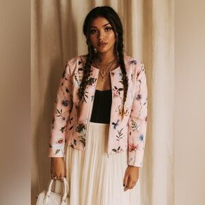 Carmen Marc Valvo Pink Floral Zip Jacket Whimsical Romantic Feminine Party‎ Sm
